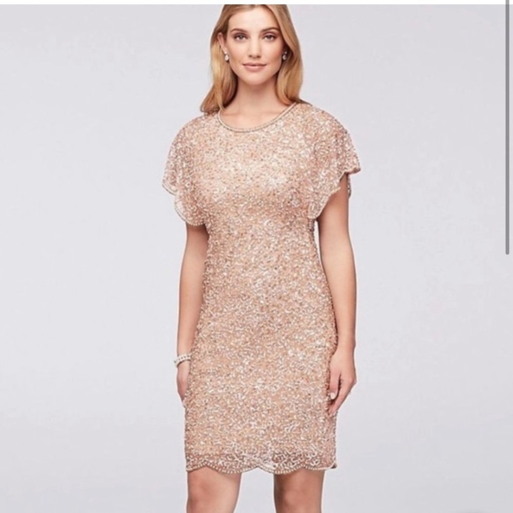 Adrianna Papell Elin Flutter Sleeve Rose Gold Beaded Dress